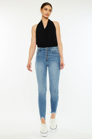 Kancan - Women's High Rise Button Fly Distressed Super Skinny Jeans - kc7273 - SaltTree