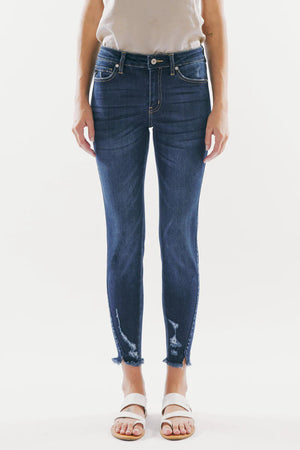 Kancan - Women's Mid Rise Distressed Frayed Hem Ankle Skinny Jeans - KC8555-NV - SaltTree