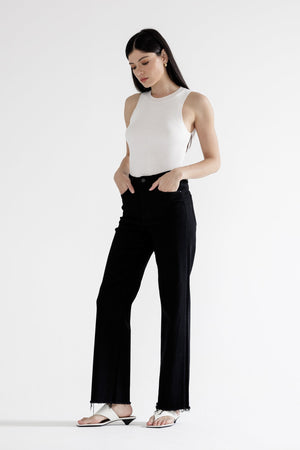 Mica Denim - High-Rise Slim Wide-Leg Jeans with Raw Hem - Black (31" Inseam) - MDP-W3251BK-SaltTree