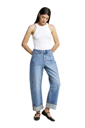 Mica Denim - High Rise Barrel-Leg Cuffed Hem Jeans (26"-29.5" Inseam) - MDP-W3525LT