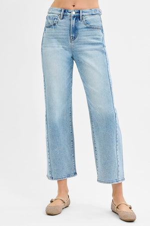 Risen Jeans - High Rise Crop Length Barrel Jeans Adjustable Waist Band - PGC21174L - SaltTree