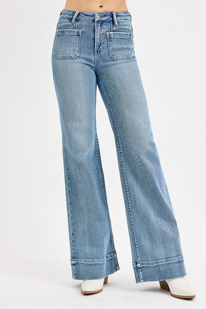 Risen Jeans - High Rise Wide Flare Patch Pocket Jeans - PW21004 - SaltTree