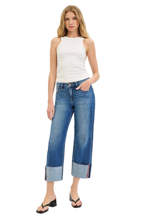 Risen Jeans - Tummy Control Mid Rise Crop Wide Cuffed Jeans - PW21124 - SaltTree