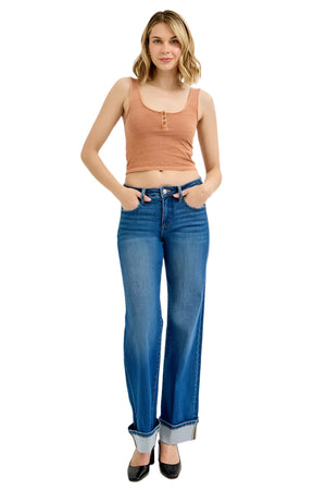 Risen Jeans - Tummy Control Mid Rise Wide Cuffed Jeans - PW21181 - SaltTree