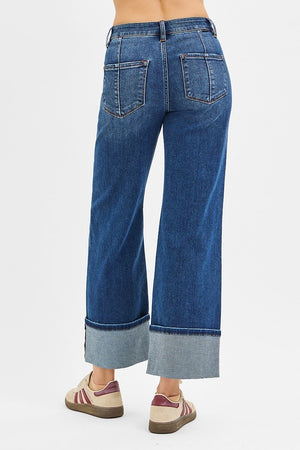 Risen Jeans - High Rise Crop Wide Straight Cuffed Jeans - PWA21369D - SaltTree
