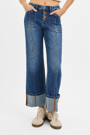 Risen Jeans - High Rise Crop Wide Straight Cuffed Jeans - PWA21369D - SaltTree