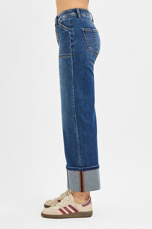 Risen Jeans - High Rise Crop Wide Straight Cuffed Jeans - PWA21369D - SaltTree
