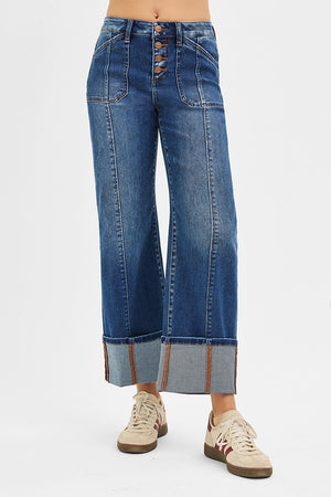 Risen Jeans - High Rise Crop Wide Straight Cuffed Jeans - PWA21369D - SaltTree