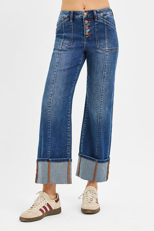 Risen Jeans - High Rise Crop Wide Straight Cuffed Jeans - PWA21369D - SaltTree