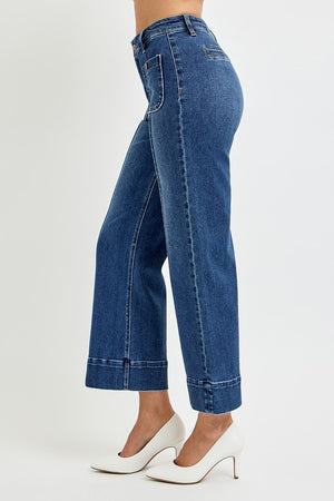 Risen Jeans - High Rise Crop Wide Jeans With Front Pintuck and Patch Pocket - PWC21009 - SaltTree