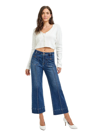 Risen Jeans - High Rise Crop Wide Jeans With Front Pintuck and Patch Pocket - PWC21009 - SaltTree