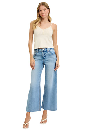 Risen Jeans - Mid Rise Crop Wide Raw Cut Hem Jeans - PWC21093L - SaltTree