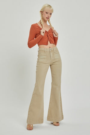 Risen Jeans - High Rise Front Patch Pocket Bell Bottom Pants - RDP5358 - SaltTree