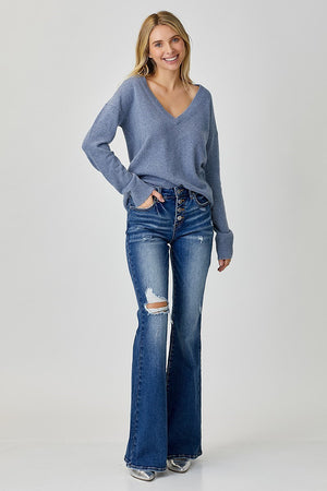 Risen Jeans - Mid Rise Button Down Flare Jeans - RDP5415D - SaltTree