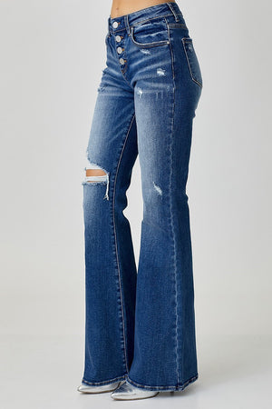 Risen Jeans - Mid Rise Button Down Flare Jeans - RDP5415D - SaltTree