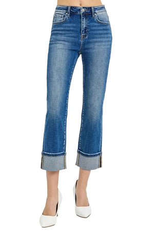 Risen Jeans - High Rise Full Length Straight Leg Jeans with Adjustable Cuffed Hem - RDP5580
