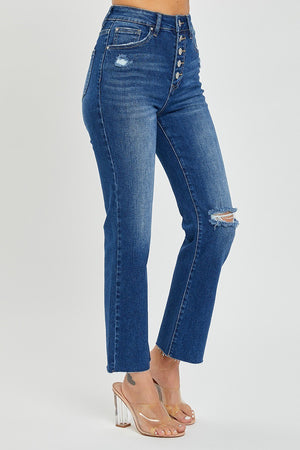 Risen Jeans - High Rise Crop Straight Button Down Distressed Jeans - RDP5585sz - SaltTree