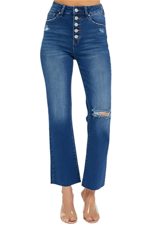 Risen Jeans - High Rise Crop Straight Button Down Distressed Jeans - RDP5585sz - SaltTree