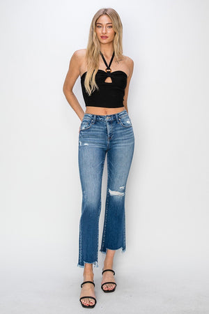 Risen Jeans - Mid Rise Frayed Step Hem Ankle Straight Jeans - RDP5785 - SaltTree