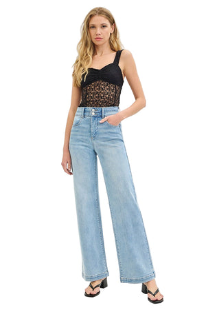 Risen Jeans - Tummy Control Elastic Band High Rise Wide Double Waist Jeans - RDP5919L - SaltTree