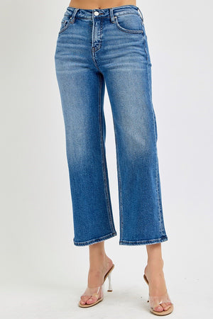 Risen Jeans - Tummy Control Elastic Band Mid Rise Crop Wide Jeans - RDP5926 - SaltTree