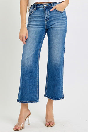 Risen Jeans - Tummy Control Elastic Band Mid Rise Crop Wide Jeans - RDP5926 - SaltTree