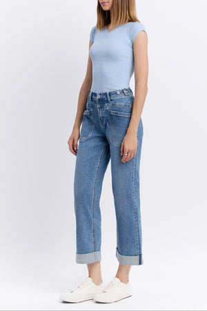 Vervet Denim - High Rise Tab Waistband Cuffed Slim Wide Jeans - T6700 - SaltTree