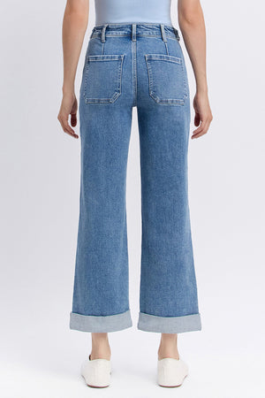 Vervet Denim - High Rise Tab Waistband Cuffed Slim Wide Jeans - T6700 - SaltTree