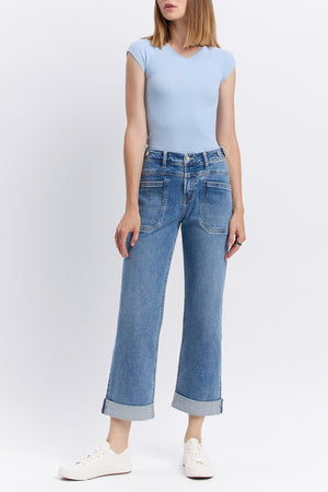 Vervet Denim - High Rise Tab Waistband Cuffed Slim Wide Jeans - T6700 - SaltTree