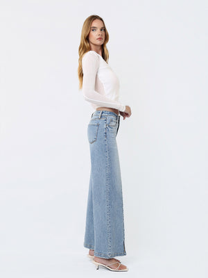 Vervet - Mid-Rise Wide Leg Jeans with Vertical Seam & Front Slit (30" Inseam) - T7225-SaltTree
