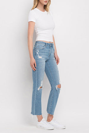 Flying Monkey - High Rise Clean Cut & Fray Hem Detail Crop Straight Jeans - Y3118 - SaltTree
