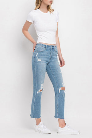 Flying Monkey - High Rise Clean Cut & Fray Hem Detail Crop Straight Jeans - Y3118 - SaltTree