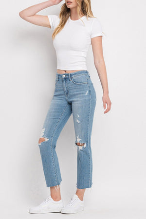 Flying Monkey - High Rise Clean Cut & Fray Hem Detail Crop Straight Jeans - Y3118 - SaltTree