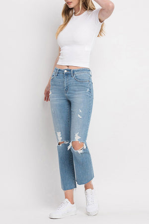 Flying Monkey - High Rise Clean Cut & Fray Hem Detail Crop Straight Jeans - Y3118 - SaltTree