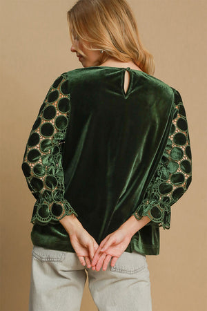Umgee Polka Dot Lace Long Sleeve Round Neck Blouse - SaltTree