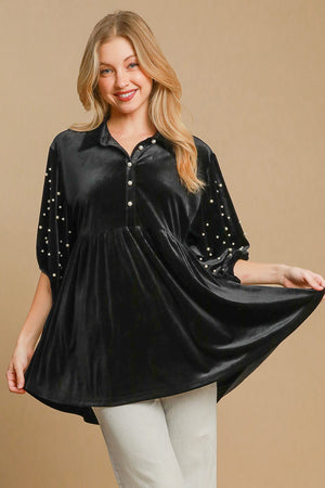 Umgee Pearl Detail Half Sleeve Velvet Babydoll Blouse - SaltTree