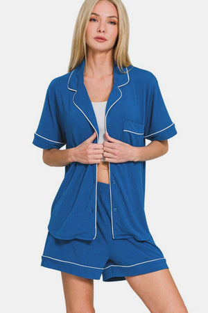 Zenana Button Down Short Sleeve Top and Shorts Lounge Set - SaltTree