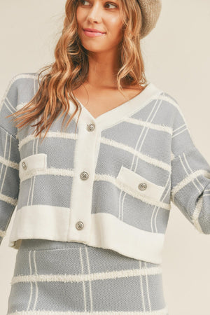 MABLE Plaid Button Down Sweater Cardigan and Mini Skirt Set - SaltTree