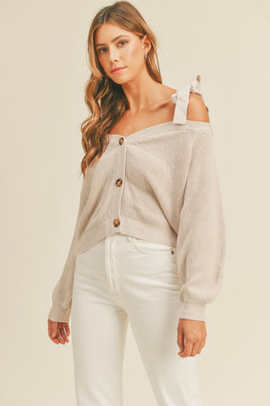 MABLE Off Shoulder Self Tie Strap Button Down Sweater - SaltTree