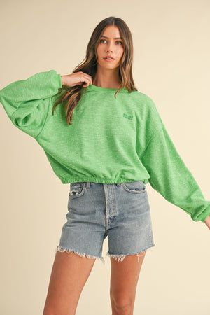 Mable Round Neck Letter Embroidery Crop Sweatshirt - SaltTree
