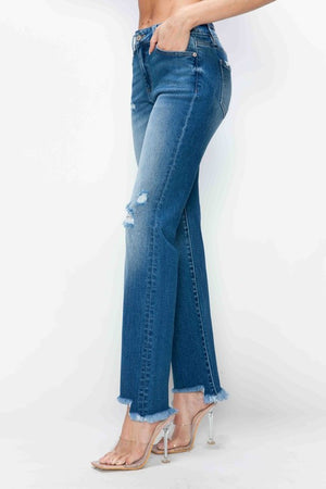 bytos Full Size Raw Hem Distressed Mid Rise Straight Jeans - SaltTree