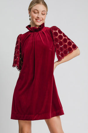 Umgee Dotted Lace Half Sleeve Mock Neck Back Tie Velvet Dress - SaltTree