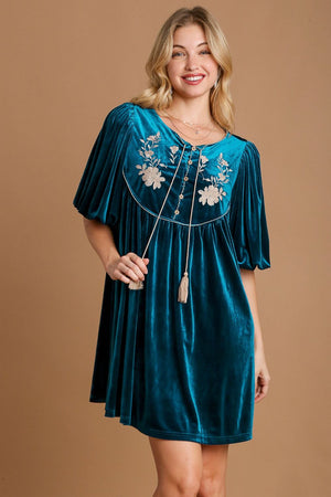 Umgee Embroidered Half Sleeve Velvet Mini Dress with Tassel - SaltTree
