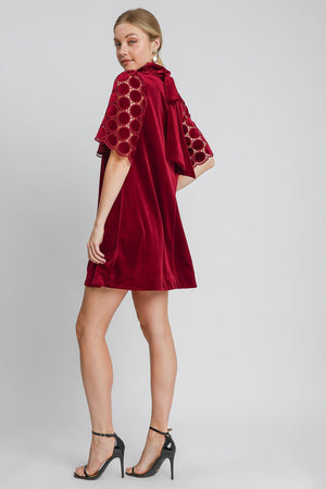 Umgee Dotted Lace Half Sleeve Mock Neck Back Tie Velvet Dress - SaltTree