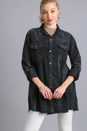 Umgee Raw Hem Button Down Denim Jacket with Chest Pockets - SaltTree