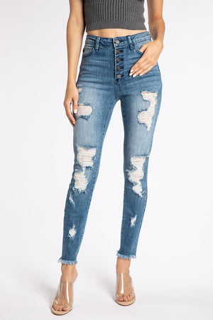 Kancan - Women's High Rise Button Fly Distressed Super Skinny Jeans - kc7310 ST - SaltTree