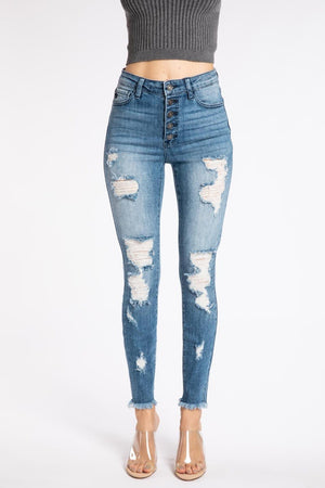 Kancan - Women's High Rise Button Fly Distressed Super Skinny Jeans - kc7310 ST - SaltTree