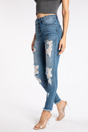 Kancan - Women's High Rise Button Fly Distressed Super Skinny Jeans - kc7310 ST - SaltTree