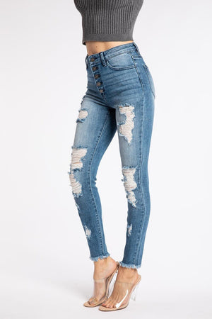 Kancan - Women's High Rise Button Fly Distressed Super Skinny Jeans - kc7310 - SaltTree