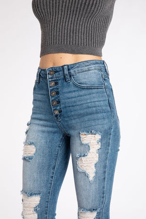 Kancan - Women's High Rise Button Fly Distressed Super Skinny Jeans - kc7310 with kc6192 ST - SaltTree
